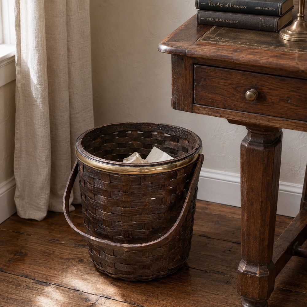 Vintage Woven Wood Waste Basket Brass Rim English Cottage Office Decor 1980s
